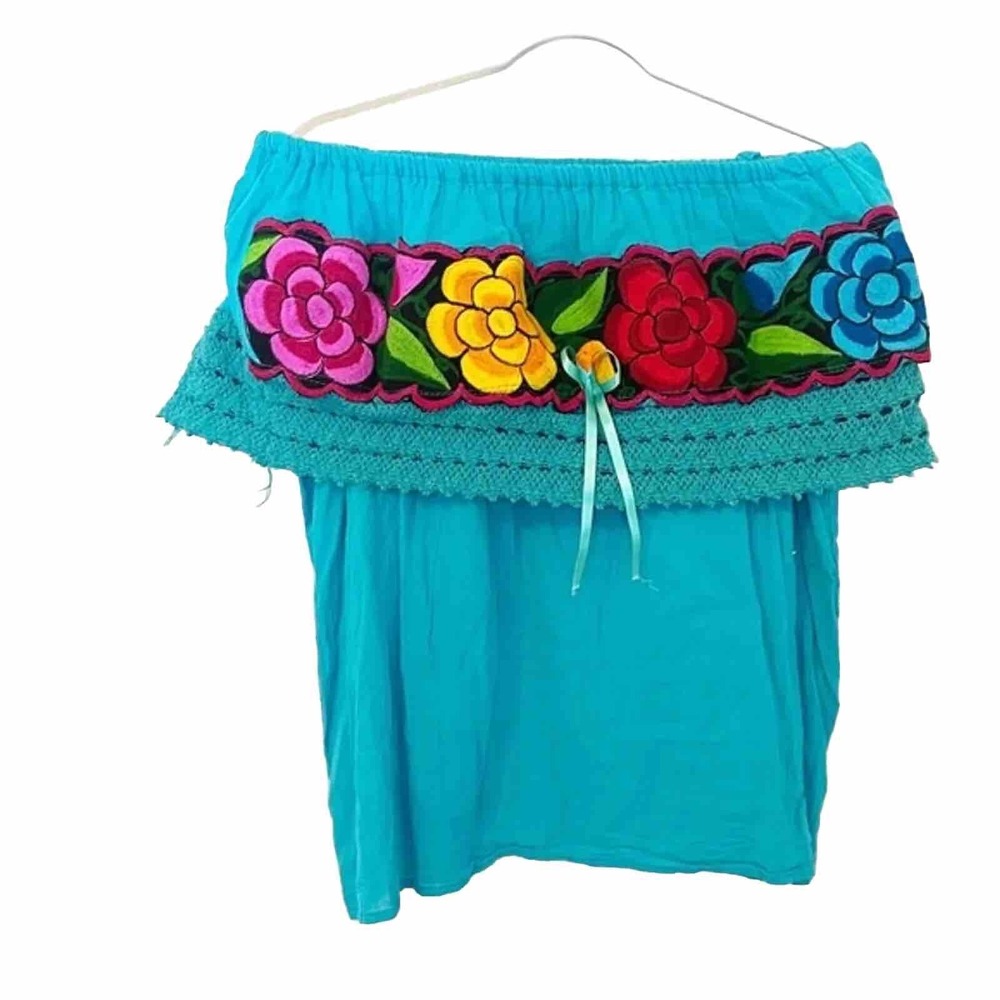 Mexican Floral Embroidered Off the Shoulder Blouse Turquoise Blue Boho Top